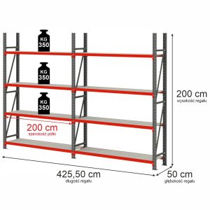 Regał magazynowy 8-półkowy Mega-M FORTIS H-200 cm L-425.5 cm G-50 cm