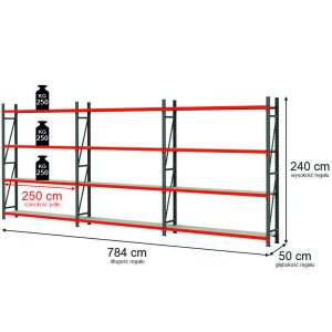 Regał magazynowy 12-półkowy Mega-M FORTIS H-240 cm L-784 cm G-50 cm