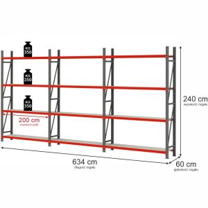 Regał magazynowy 12-półkowy Mega-M FORTIS H-240 cm L-634 cm G-60 cm