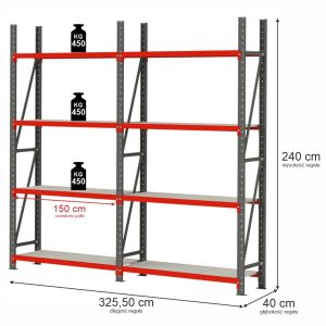 Regał magazynowy 8-półkowy Mega-M FORTIS H-240 cm L-325.5 cm G-40 cm