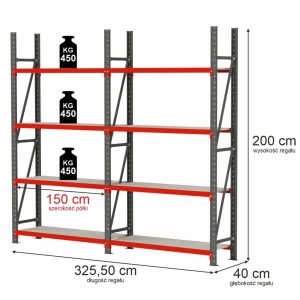 Regał magazynowy 8-półkowy Mega-M FORTIS H-200 cm L-325.5 cm G-40 cm