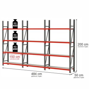 Regał magazynowy 12-półkowy Mega-M FORTIS H-200 cm L-484 cm G-50 cm
