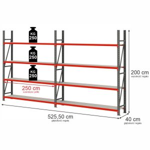Regał magazynowy 8-półkowy Mega-M FORTIS H-200 cm L-525.5 cm G-40 cm