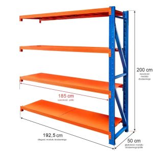 Regał metalowy magazynowy 4-półkowy Mega-M FORTIS LIGHT H-200 cm L-192.5 cm G-50 cm moduł dostawny