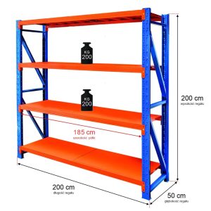 Regał metalowy magazynowy 4-półkowy Mega-M FORTIS LIGHT H-200 cm L-200 cm G-50 cm moduł bazowy