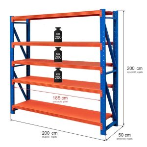 Regał metalowy magazynowy 5-półkowy Mega-M FORTIS LIGHT H-200 cm L-200 cm G-50 cm moduł bazowy