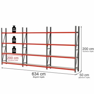 Regał magazynowy 12-półkowy Mega-M FORTIS H-200 cm L-634 cm G-50 cm
