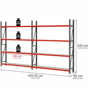 Regał magazynowy 8-półkowy Mega-M FORTIS H-240 cm L-525.5 cm G-60 cm