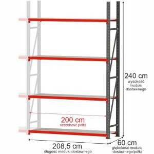 Regał metalowy magazynowy 4-półkowy Mega-M FORTIS H-240 cm L-208.5 cm G-60 cm moduł dostawny