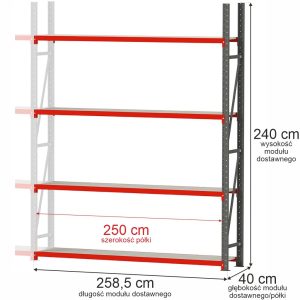 Regał metalowy magazynowy 4-półkowy Mega-M FORTIS H-240 cm L-258.5 cm G-40 cm moduł dostawny