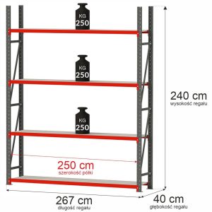 Regał metalowy magazynowy 4-półkowy Mega-M FORTIS H-240 cm L-267 cm G-40 cm moduł bazowy