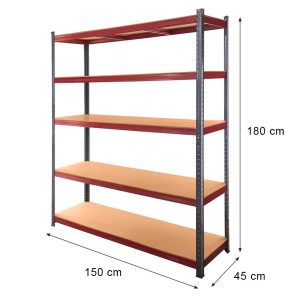 Regał magazynowy Mega-M BASIC PLUS H-180 cm L-150 cm G-45 cm 5 półek z MDF 6.8 mm 275 kg grafitowo-czerwony