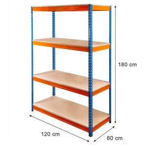 Regał magazynowy Mega-M PRO MAX H-180 cm L-120 cm G-60 cm 4 półki z MDF 15 mm 500 kg niebiesko-pomarańczowy