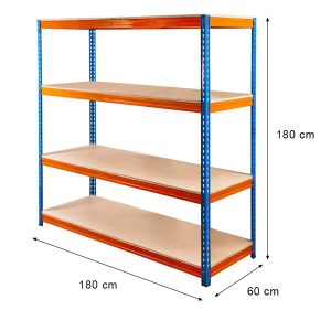Regał magazynowy Mega-M PRO MAX H-180 cm L-180 cm G-60 cm 4 półki z MDF 15 mm 500 kg niebiesko-pomarańczowy
