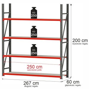 Regał metalowy magazynowy 4-półkowy Mega-M FORTIS H-200 cm L-267 cm G-60 cm moduł bazowy