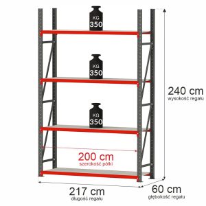 Regał magazynowy magazynowy 4-półkowy Mega-M FORTIS H-240 cm L-217 cm G-60 cm moduł bazowy