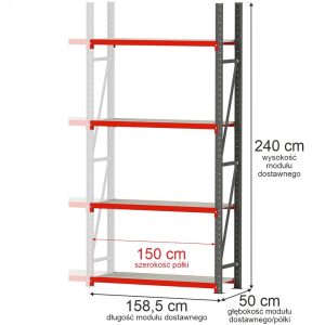 Regał metalowy magazynowy 4-półkowy Mega-M FORTIS H-240 cm L-158.5 cm G-50 cm moduł dostawny