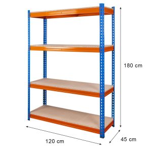 Regał magazynowy Mega-M PRO MAX H-180 cm L-120 cm G-45 cm 4 półki z MDF 15 mm 500 kg niebiesko-pomarańczowy