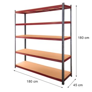 Regał magazynowy Mega-M BASIC PLUS H-180 cm L-180 cm G-45 cm 5 półek z MDF 6.8 mm 275 kg grafitowo-czerwony