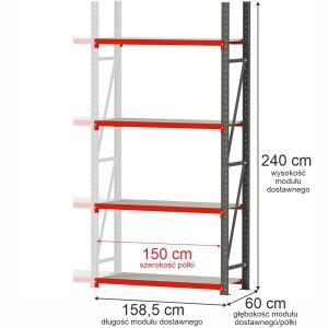 Regał metalowy magazynowy 4-półkowy Mega-M FORTIS H-240 cm L-158.5 cm G-60 cm moduł dostawny