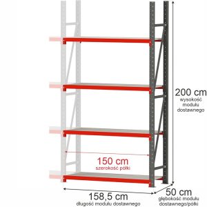 Regał metalowy magazynowy 4-półkowy Mega-M FORTIS H-200 cm L-158.5 cm G-50 cm moduł dostawny