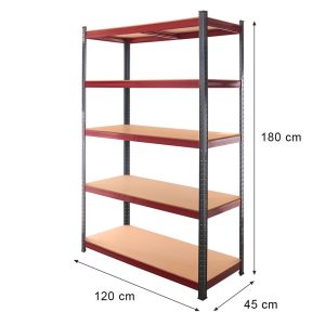 Regał magazynowy Mega-M BASIC PLUS H-180 cm L-120 cm G- 45 cm 5 półek z MDF 6.8 mm 275 kg grafitowo-czerwony