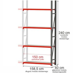 Regał metalowy magazynowy 4-półkowy Mega-M FORTIS H-240 cm L-158.5 cm G-40 cm moduł dostawny
