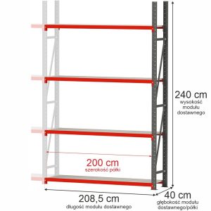 Regał metalowy magazynowy 4-półkowy Mega-M FORTIS H-240 cm L-208.5 cm G-40 cm  moduł dostawny