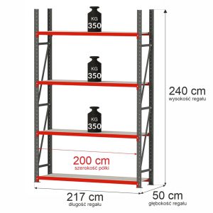 Regał metalowy magazynowy 4-półkowy Mega-M FORTIS H-240 cm L-217 cm G-50 cm moduł bazowy