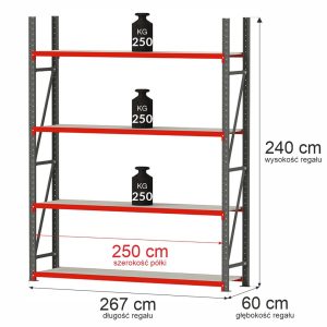 Regał metalowy magazynowy 4-półkowy Mega-M FORTIS H-240 cm L-267 cm G-60 cm moduł bazowy