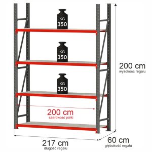 Regał metalowy magazynowy 4-półkowy Mega-M FORTIS H-200 cm L-217 cm G-60 cm moduł bazowy