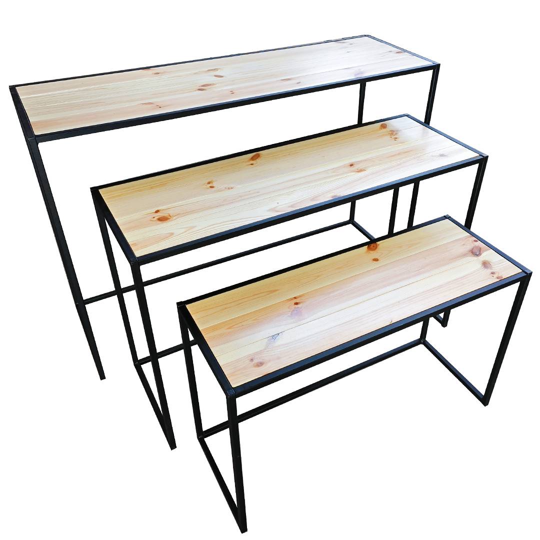 SETTAVOLINI-583309 Zestaw stolików kawowych z naturalnego drewna z czarną, żelazną ramą