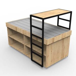 Podwyższona półka mostowa z naturalnego drewna z czarną, malowaną ramą żelazną