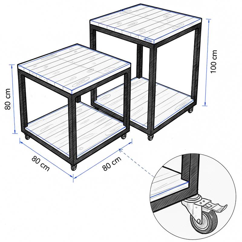 tavoliespositivisuruote-592181-592184 Stół z dwiema drewnianymi półkami na kółkach
