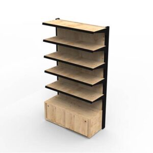 Drewniany regał z naturalnymi drewnianymi skrzynkami i czarną, malowaną ramą żelazną